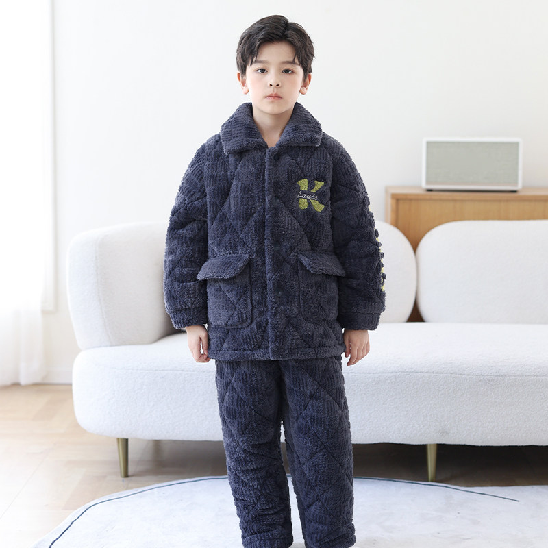 耐脏色男童睡衣冬季三层夹棉法兰绒加厚男孩子珊瑚绒儿童家居服新
