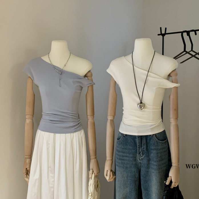 清仓不退换纯欲气质扭结褶皱修身显瘦一字肩斜领短款T恤上衣W6068