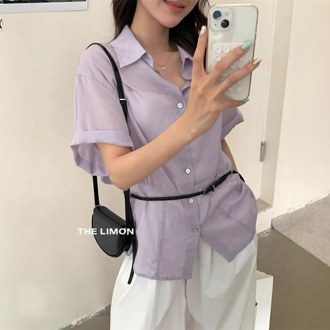 清仓不退换柠檬绿茶韩系简约高级感气质收腰苎麻天丝衬衫女配腰带