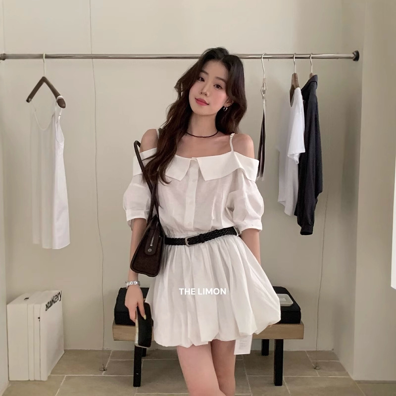 清仓不退换柠檬绿茶夏季法式设计感百搭一字肩吊带连衣裙(配腰带)