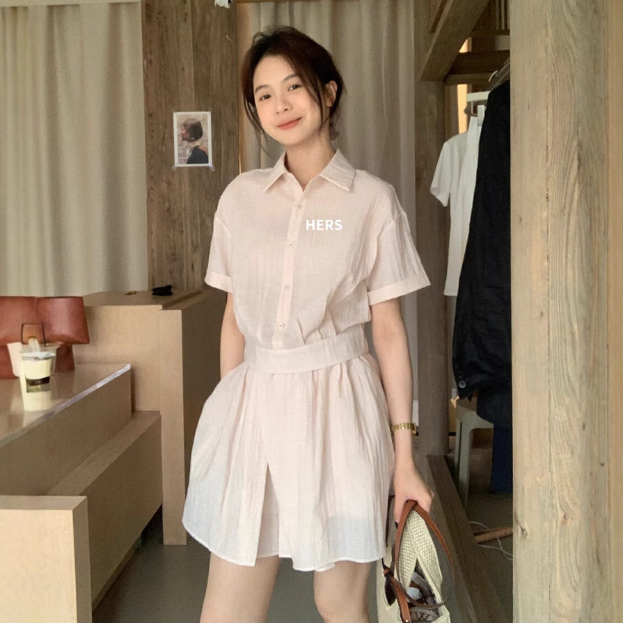 清仓不退换 新款韩版简约百搭短袖衬衫+高腰短裤慵懒风套装20676