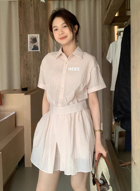 清仓不退换 新款韩版简约百搭短袖衬衫+高腰短裤慵懒风套装20676