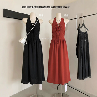 清仓捡漏 夏日缪斯港风系带蝴蝶结复古挂脖露背连衣裙长裙7079