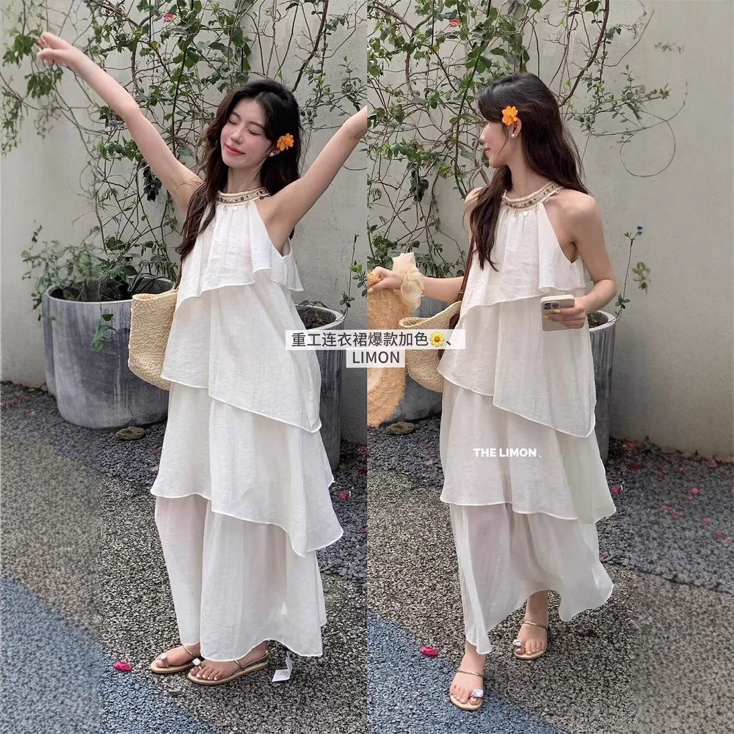 清仓不退换柠檬绿茶法式度假风复古重工挂脖连衣裙女雪纺仙女长裙