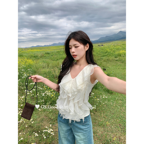 清仓不退换-夏季女韩系简约百搭拼接气质V领荷叶边背心G6280C