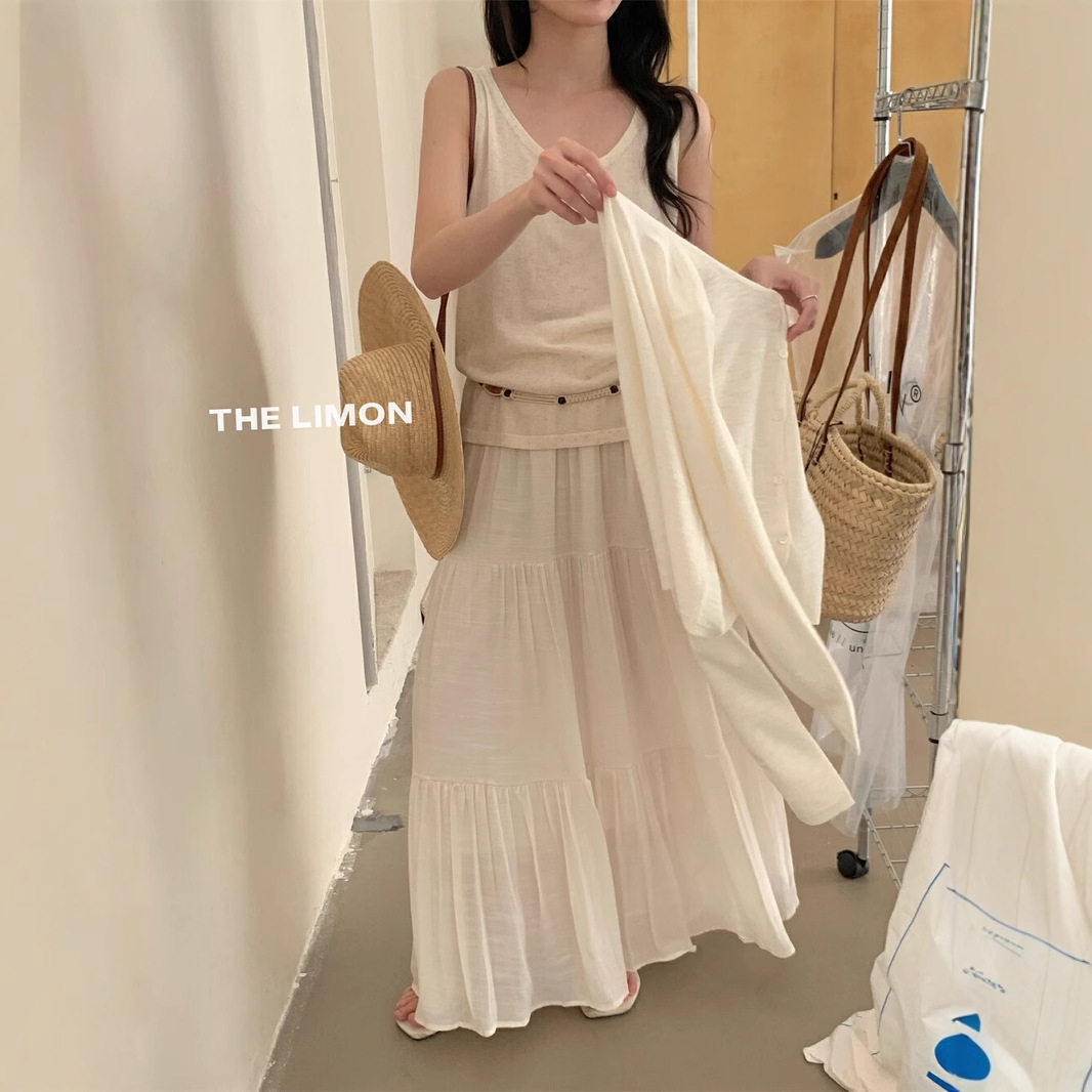 清仓不退换柠檬绿茶2025氛围感糖果色压褶A字半身裙女松紧腰长裙