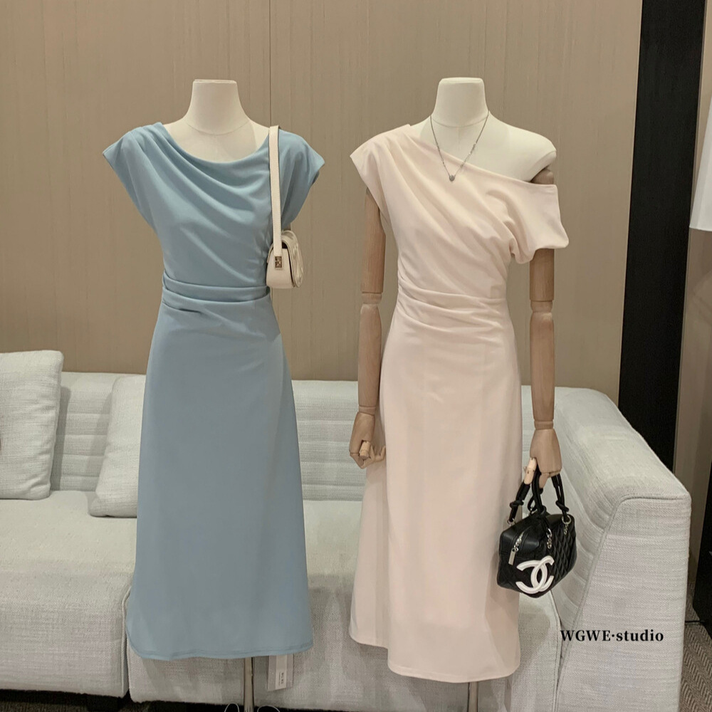 清仓不退换 法式复古简约风百搭气质修身抽褶荡领长款连衣裙W6587