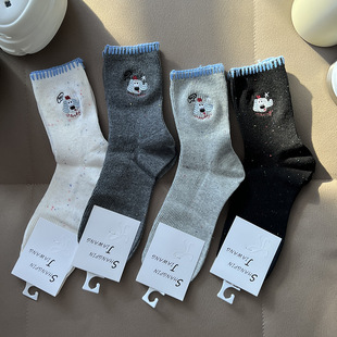 秋冬新款 点纱粗线花边刺绣卡通饰品袜子女袜ins潮袜网红中筒棉袜