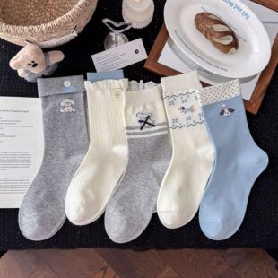 灰蓝系软萌卡通小狗中筒春夏韩系透气无骨袜子女纯棉ins风堆堆袜