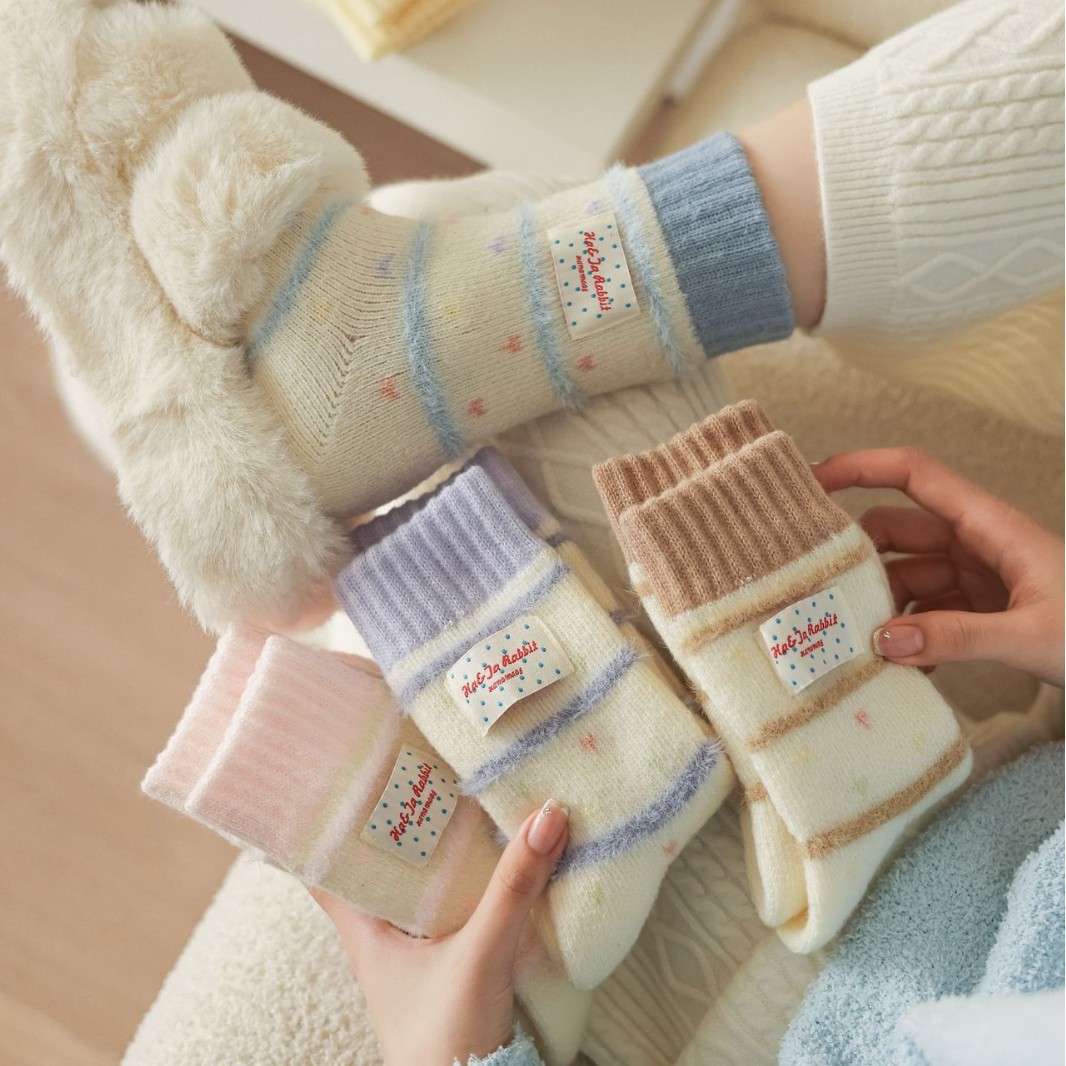 巨厚实羊绒袜秋冬加厚保暖睡眠袜布标波点条纹中筒堆堆袜子月子袜