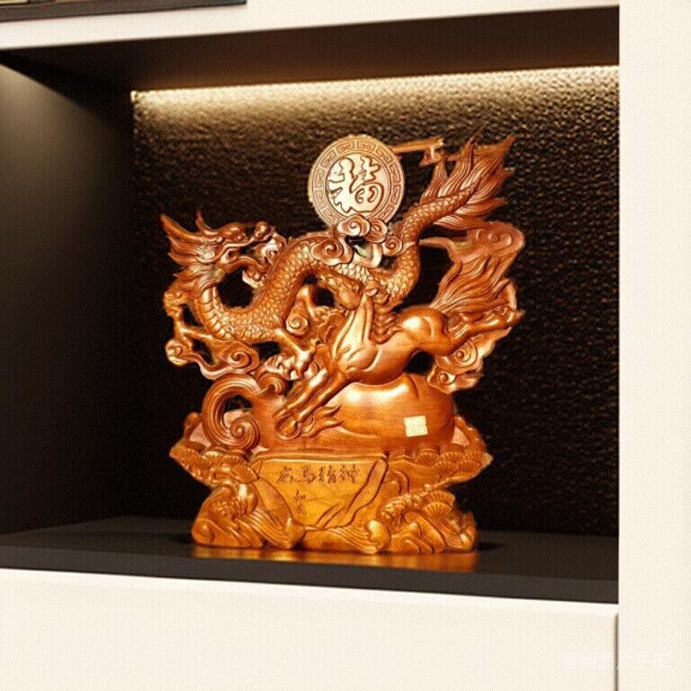 桃木木雕龙马精神大摆件易迁升客厅办公室办公厅门厅风水开业礼品