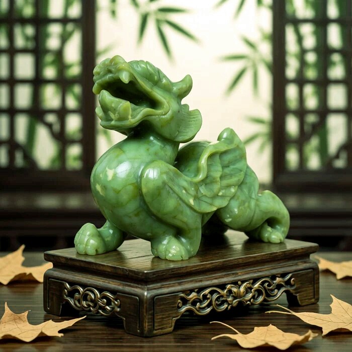 精品中式绿色岫玉玉雕大貔貅摆件雕刻工艺品招财镇宅瑞兽飞驰收藏