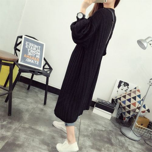 Actual Shot of the New Open-top Women's Loose Pure-color Medium-and Long-style 100-tie Knitted Shirts Fashion Lantern Sleeve Coat in 2019