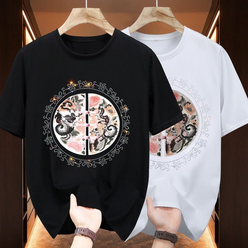 300斤胖子短袖上衣夏季潮流刺绣烫钻T恤男加肥加大肚子男装特大码