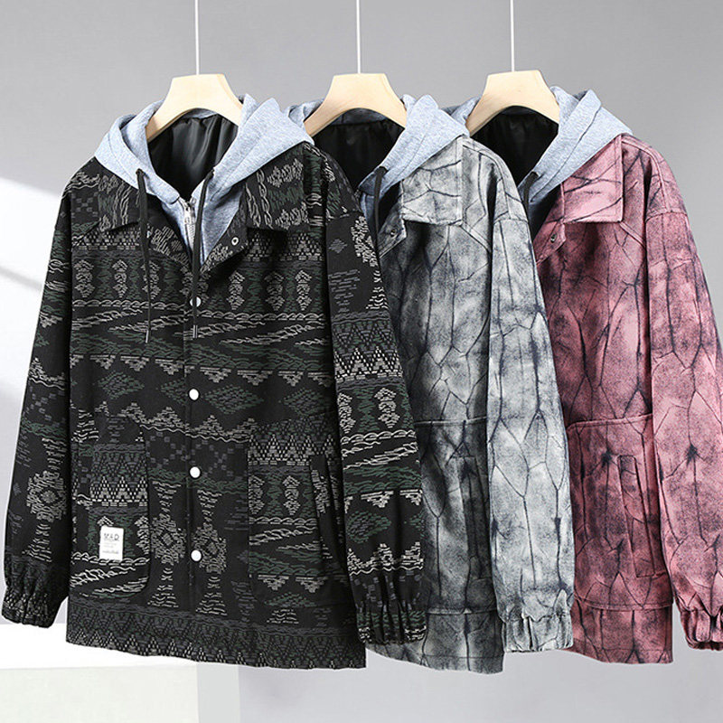 300斤胖子男装休闲外套加肥加大男夹克春秋季连帽假两件牛仔衣9XL