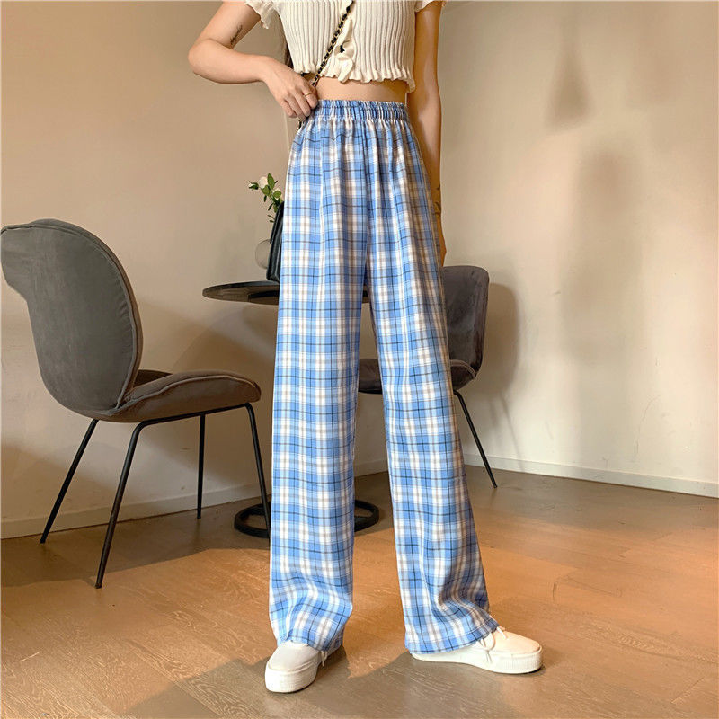 High waist plaid pants women's loose straight pants summer 2020 new casual pants slim Pants Capris wide leg pants