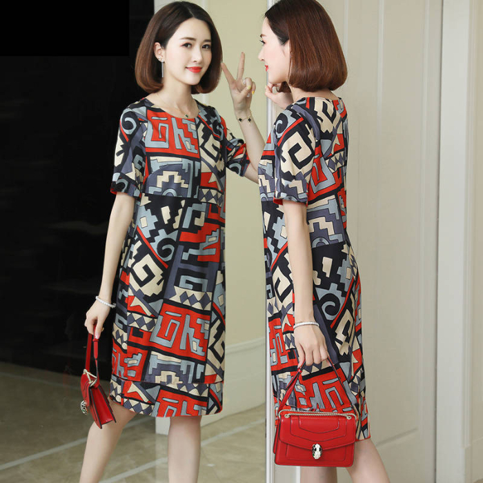 Fashion print large size dress women's summer Korean slim skirt loose and thin dress women's fashion