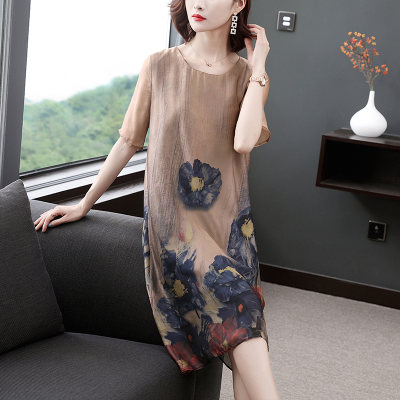 Retro printed round neck ice like loose casual 5-sleeve mid length summer slim comfortable dress women's wear