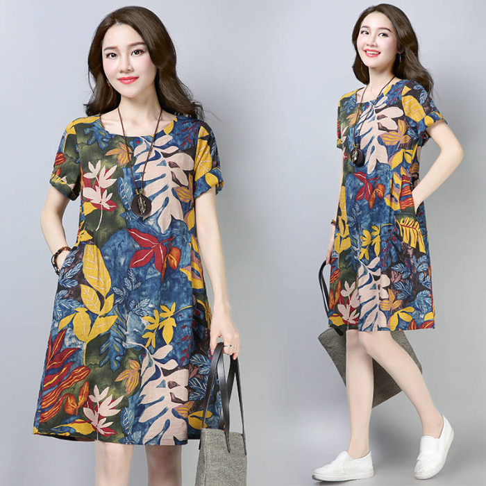 National style literature and art RETRO short sleeve dress new summer mother's loose Size Medium Length Dress