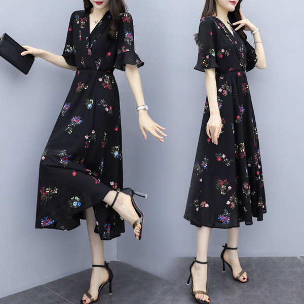 Large women's Floral Chiffon Dress summer new fat cover belly show thin over the knee long skirt