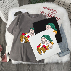 2021 early spring thickened short sleeve T-shirt dwarf print Korean loose base shirt