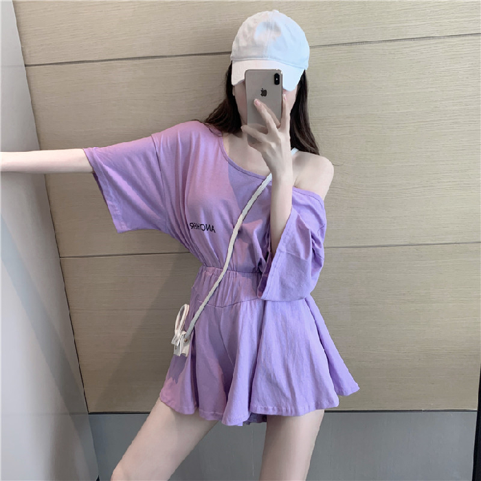 Summer Korean alphabet print T-shirt and High Waist Wide Leg Pants purple two piece set