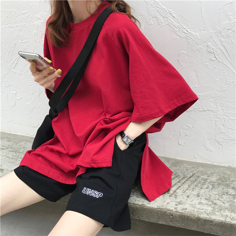 官圖時尚圓領純色下擺開叉短袖恤女夏季新款上衣女