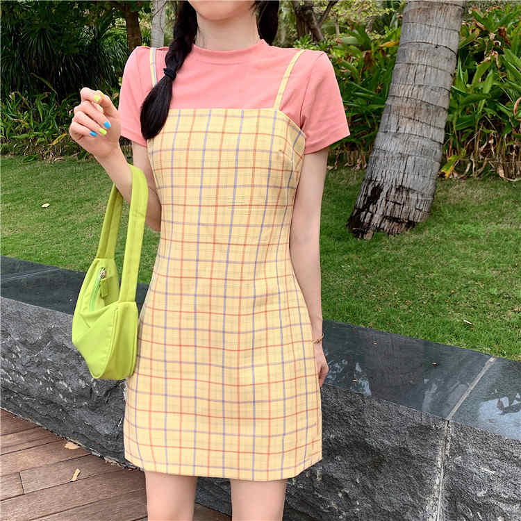 Summer new French Platycodon grandiflorum sweet first love mid long sleeveless yellow Plaid suspender dress
