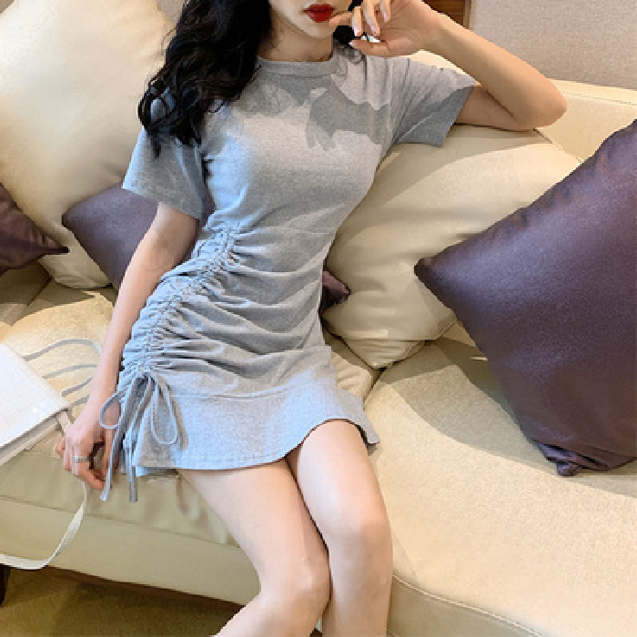 New style short sleeve sexy dress women's high waist short skirt with lace and drawstring
