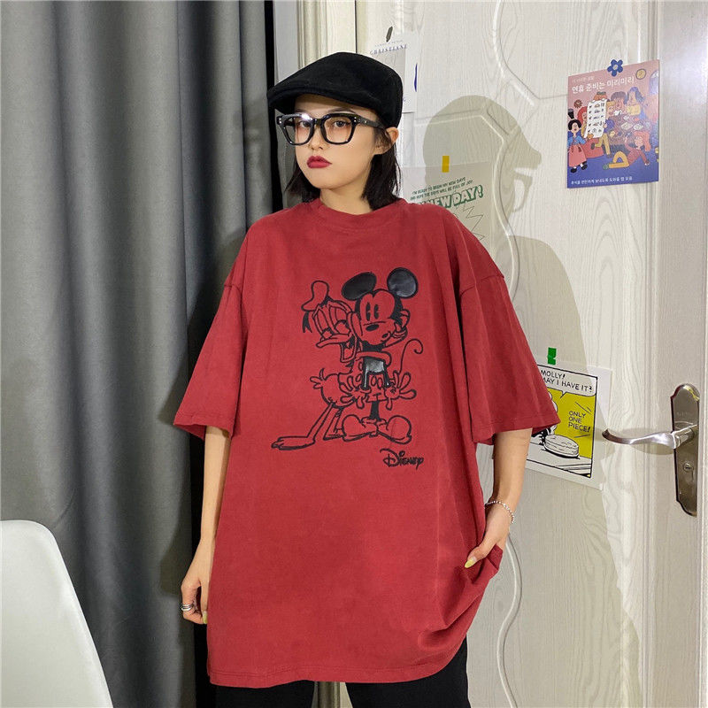 Medium length loose round neck Pullover short sleeve top with 2021 new diamond red T-shirt for women in early spring