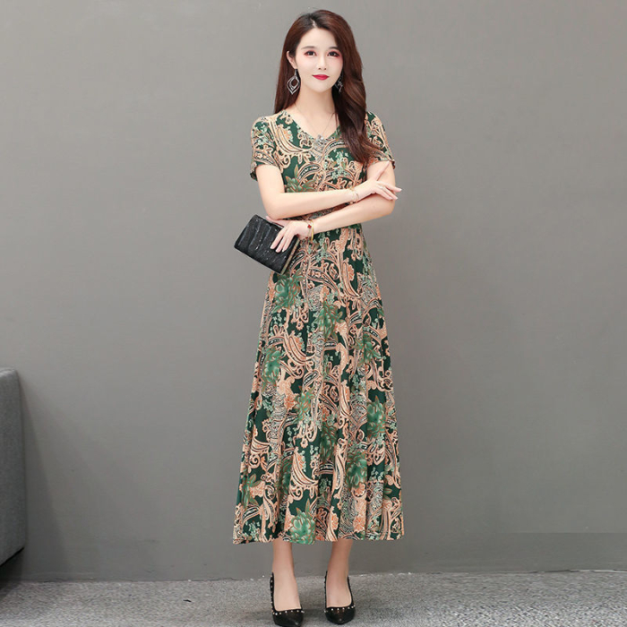 Summer new lady's ice silk short sleeve Printed Dress mother's dress loose and fashionable long skirt