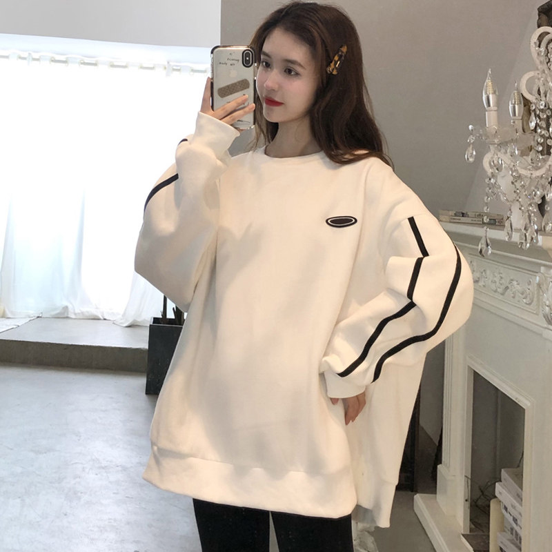 WHITE MID-LENGTH BUTTOCKS SWEATSHIRT WOMENS 2024 NEW POPULAR LOOSE ROUND NECK SPRING AUTUMN AND WINTER FLEECE THICKENED JACKET