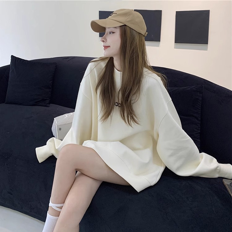 WHITE MID-LENGTH BUTTOCKS SWEATSHIRT WOMENS 2024 NEW POPULAR LOOSE ROUND NECK SPRING AUTUMN AND WINTER FLEECE THICKENED JACKET