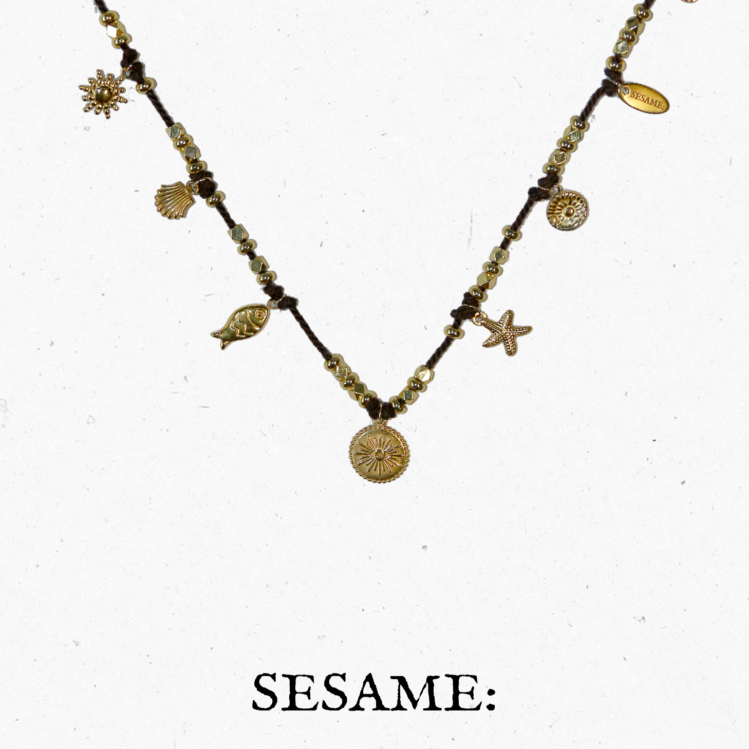 飒米波西米亚风金色太阳鱼多吊坠吊牌编织项链锁骨链可调节