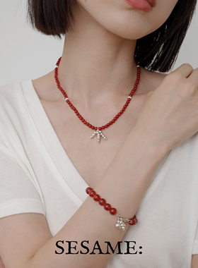 「新年礼物」烟花红玛瑙串珠项链女高级感轻奢小众黑曜石锁骨链