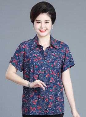 棉绸中老年短袖翻领衬衣妈妈装