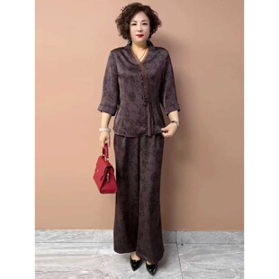 洋气妈妈真丝印花两件套夏季新款中袖国风旗袍上衣阔腿裤时尚套裤