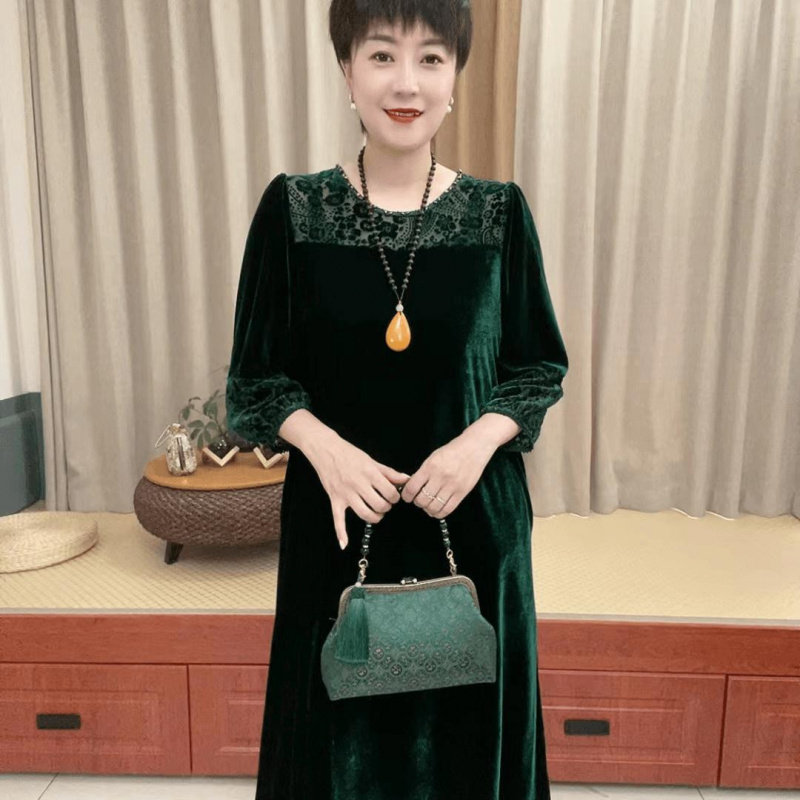 高端大气妈妈装新款金丝绒连衣裙