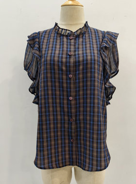 贵名C103夏季2026新款洋气时尚木耳花边短款格子衬衫雪纺小衫上衣