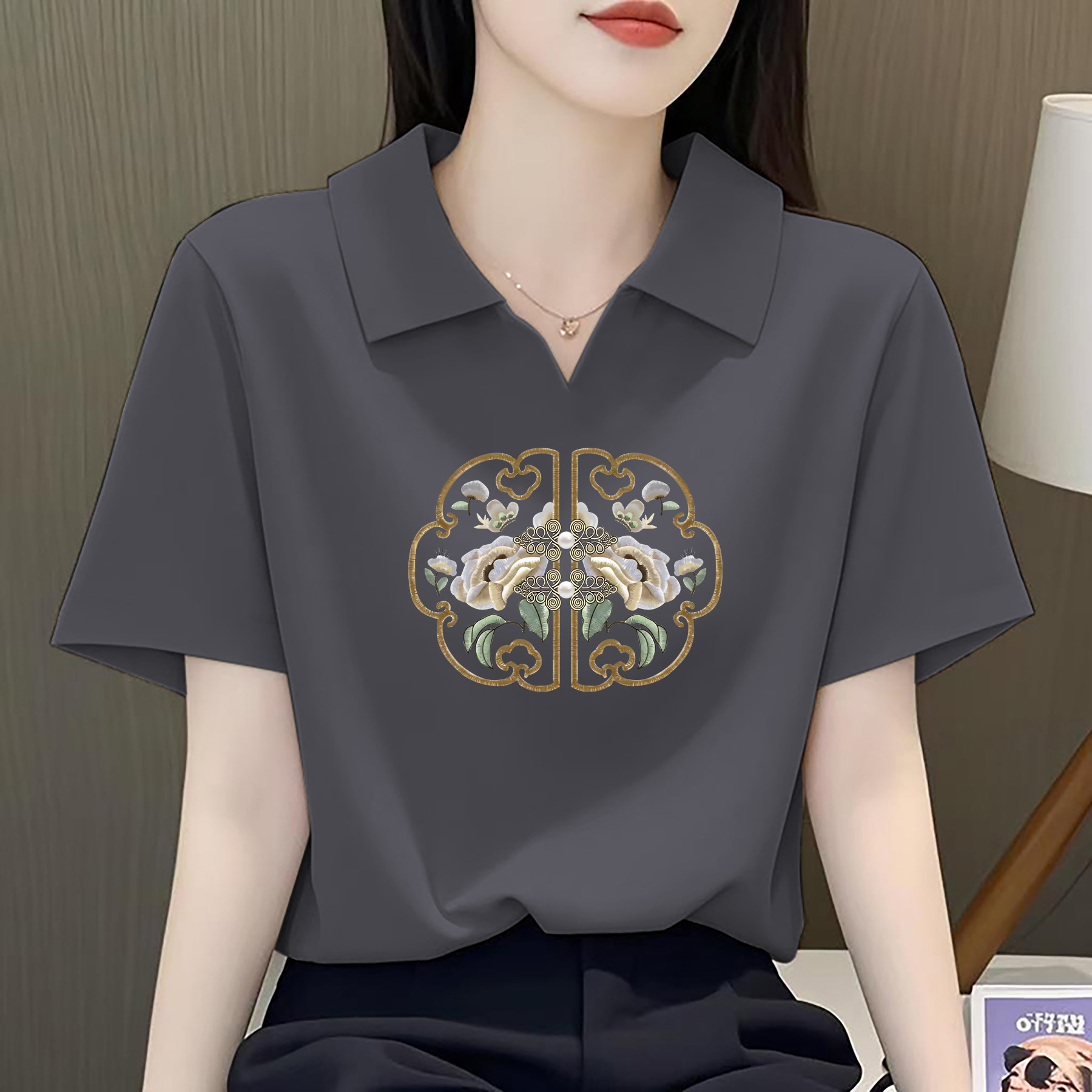 清仓折扣100%纯棉翻领POLO衫t恤女夏季新中式文艺灰色女短袖上衣