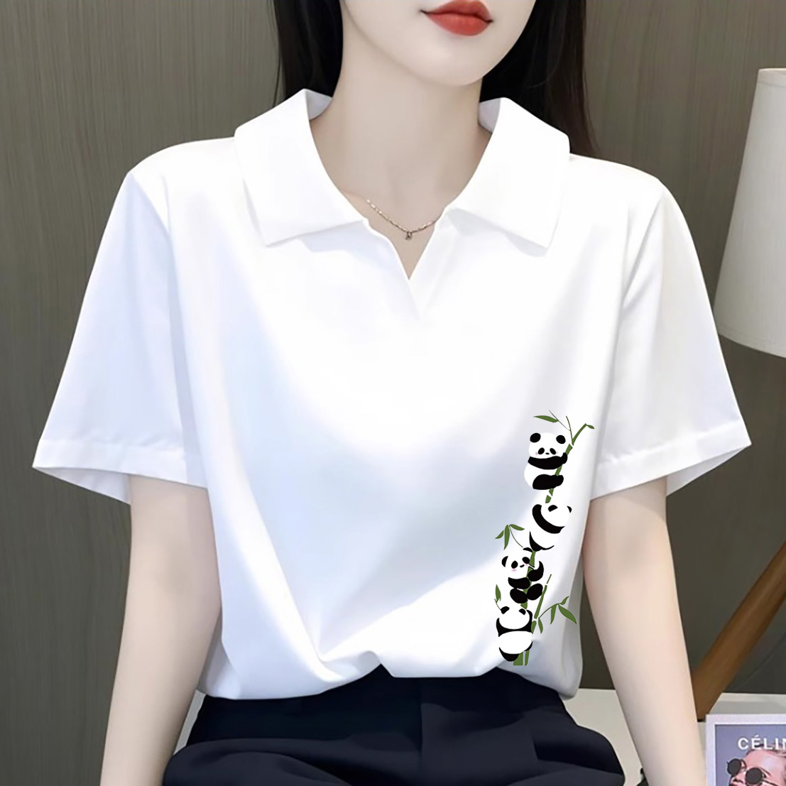 纯棉国风翻领短袖女士T恤上衣夏季POLO领减龄文艺百搭遮肚打底衫