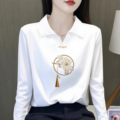 纯棉长袖POLO衫女宽松新中式上衣