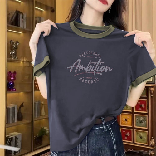 纯棉短袖女夏季拼色大码宽松上衣