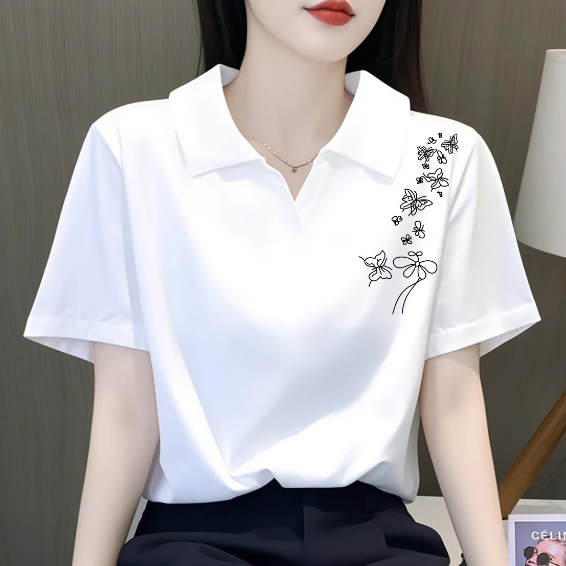 外贸清仓出口高档POLO翻领t恤上衣正肩显瘦遮肉大码夏季女打底衫