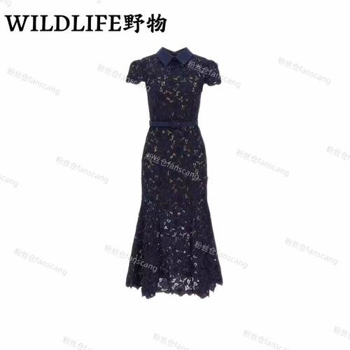 WILDLIFE｜藏蓝色气质翻领蕾丝鱼尾连衣裙C-001M7506