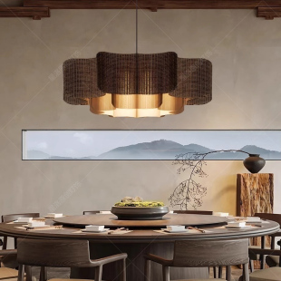 新中式餐厅吊灯客厅主灯餐饮饭店包厢民宿酒店禅意茶室复古藤编灯