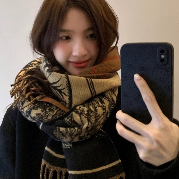 经典欧美风加厚格子战马双面仿羊绒围巾女冬季流苏保暖大披肩围脖