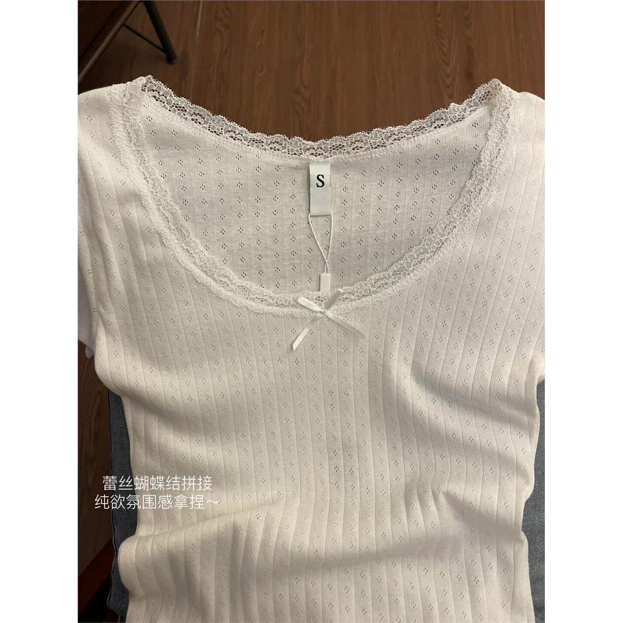 甜美少女蕾丝女t恤2025夏季纯欲望芭蕾风格上衣与耳环白色短袖