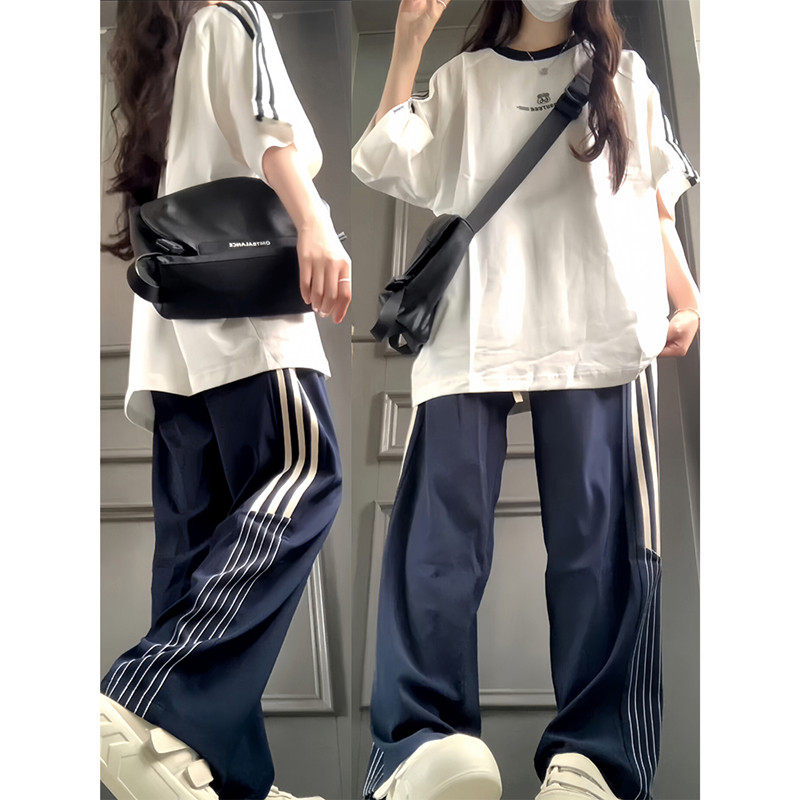 慵懒风运动服套装女夏季跑步宽松韩版学生短袖长裤减龄休闲两件式