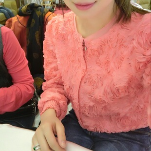 2025春装韩版张柏芝明星同款玫瑰花朵短外套雪纺衫上衣女装潮修身